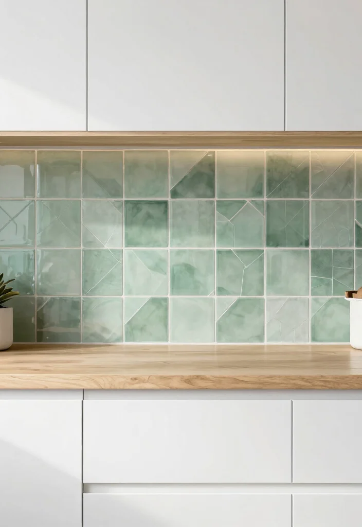 15 Green Kitchen Tiles Backsplash Ideas With Fresh Vibes - 11. Soft Green Geometric Tiles 1