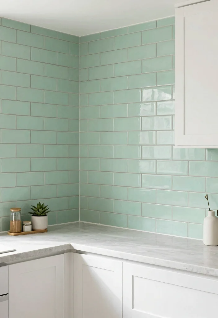 15 Green Kitchen Tiles Backsplash Ideas With Fresh Vibes - 14. Light Green Subway Tiles with Grout 1