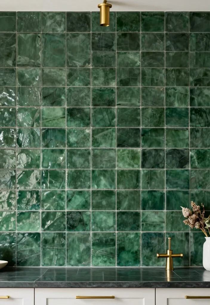 15 Green Kitchen Tiles Backsplash Ideas With Fresh Vibes - 15. Deep Green Beveled Tiles 1