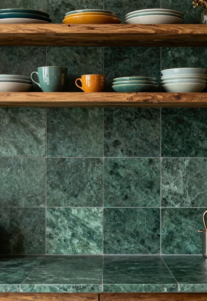 15 Green Kitchen Tiles Backsplash Ideas With Fresh Vibes - 5. Dark Green Natural Stone Tiles 1
