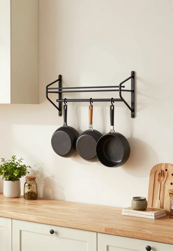 15 Storage Cabinet Kitchen Ideas With Smart Organization - 13. Wall-Mounted Pot Racks 1