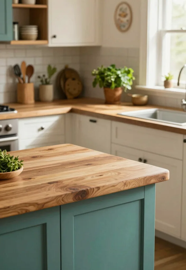 16 Blue Kitchen Countertops Ideas With Cool Sophistication - 11. Teal Hued Butcher Block 1