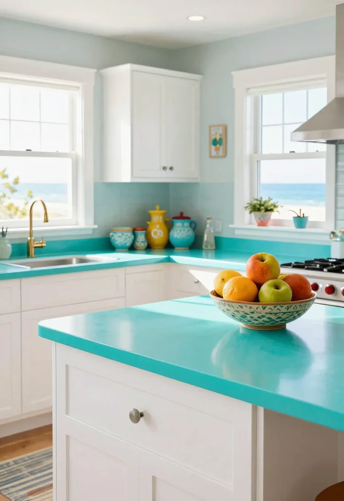 16 Blue Kitchen Countertops Ideas With Cool Sophistication - 4. Bright Aqua Laminate 1
