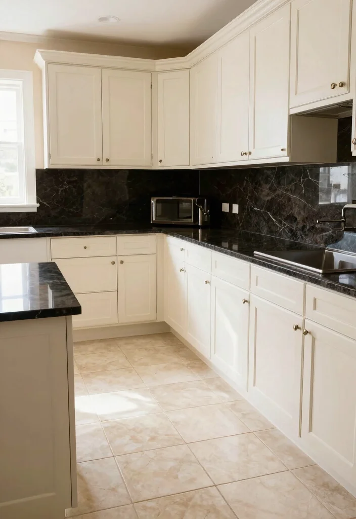 16 Cream Tiles Kitchen Ideas With Soft Neutral Tone - 12. Cream Tiles with Dark Countertops 1