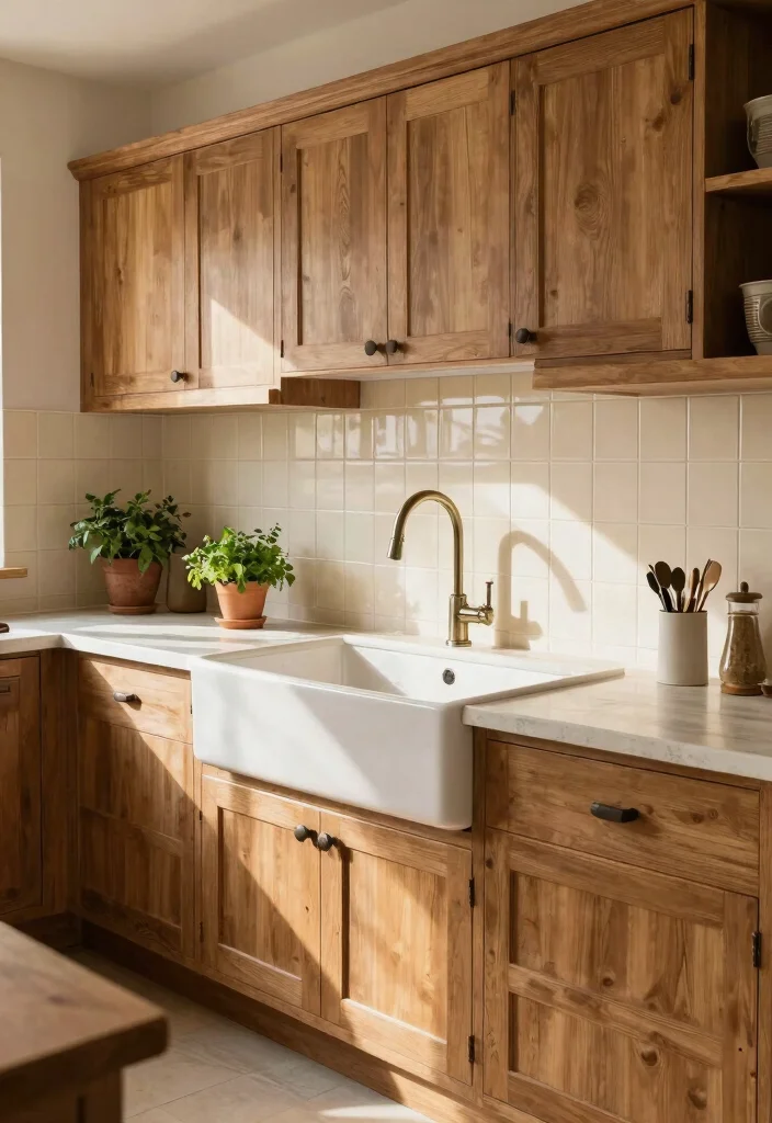 16 Cream Tiles Kitchen Ideas With Soft Neutral Tone - 14. Cream Tiles with Farmhouse Sink 1