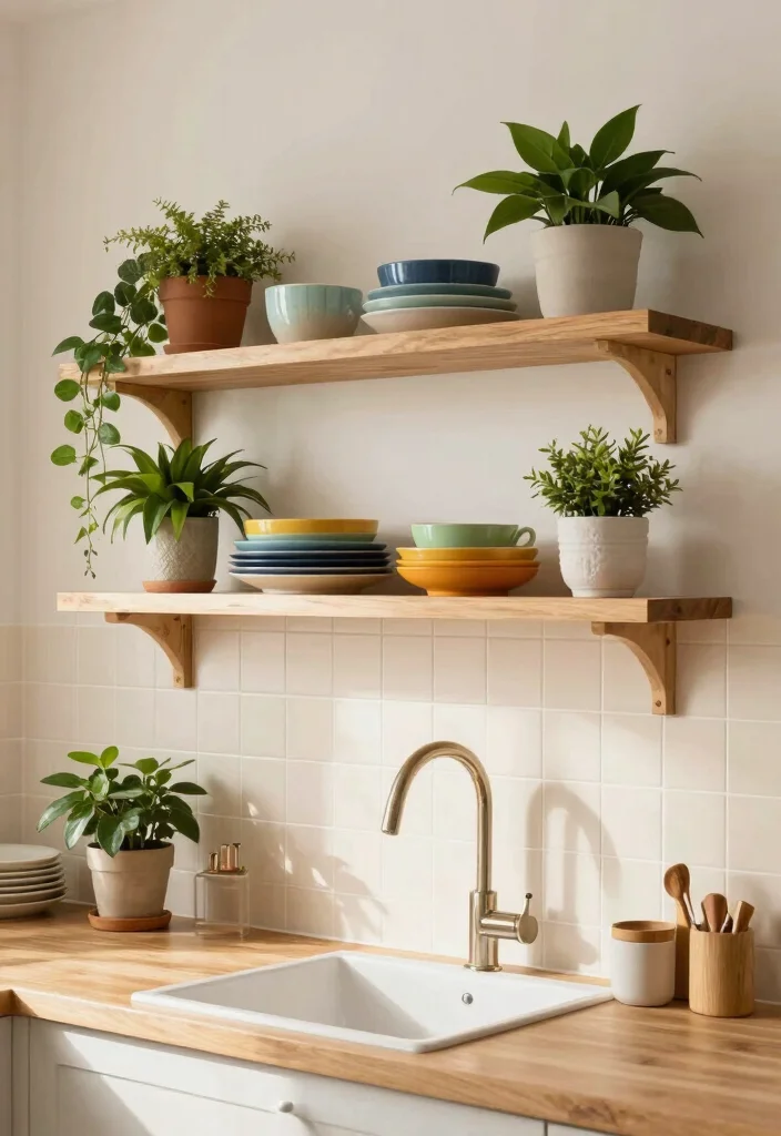 16 Cream Tiles Kitchen Ideas With Soft Neutral Tone - 15. Cream Tiles with Open Shelving 1