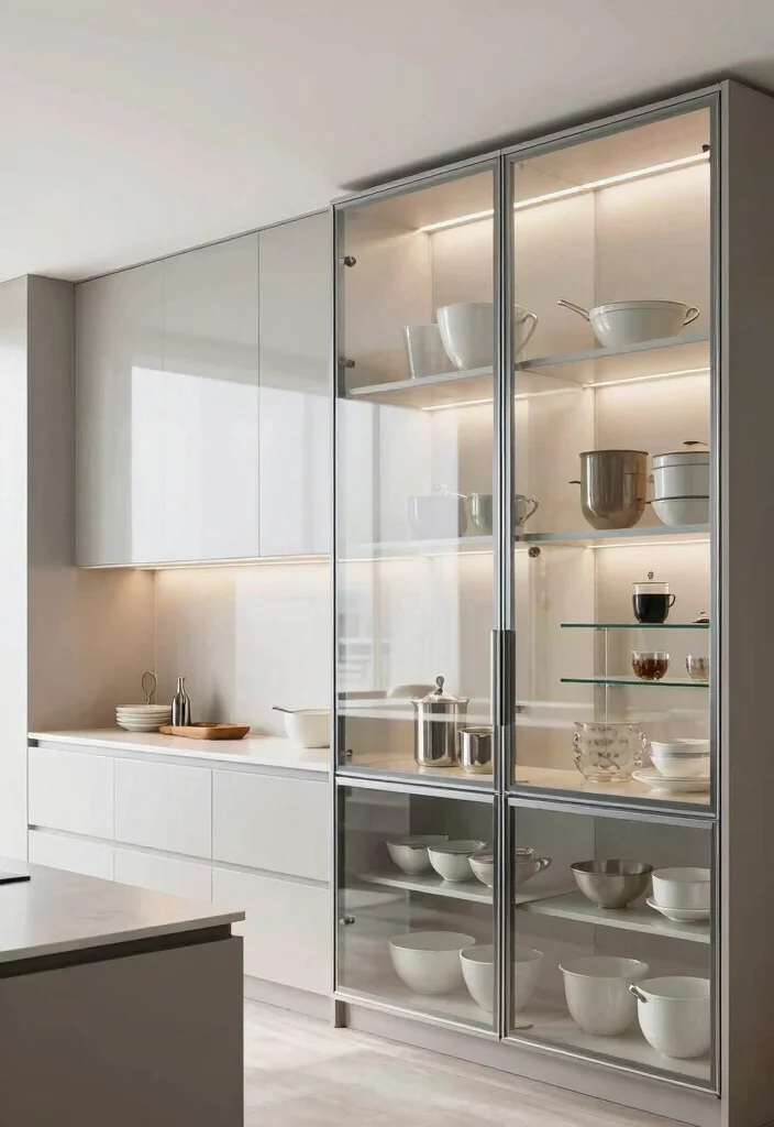 16 Kitchen Cabinets to the Ceiling Ideas With Seamless Finish - 13. Minimalist Glass Cabinets 1