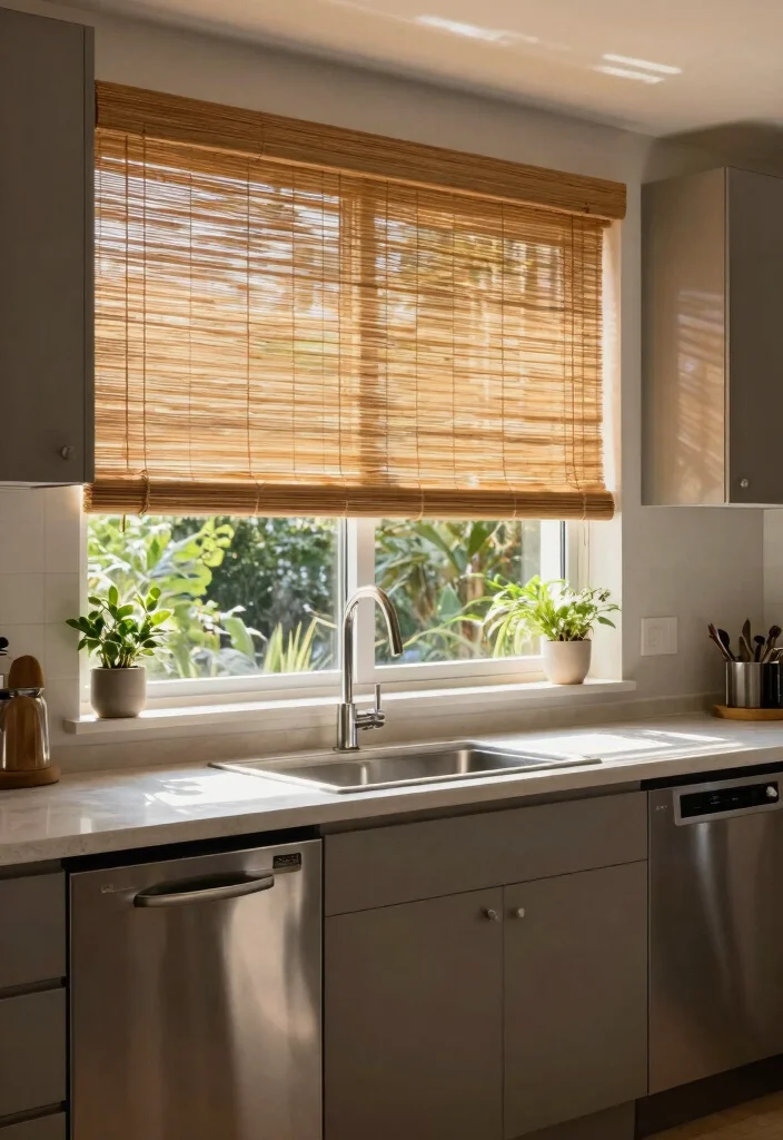 16 Kitchen Curtain Ideas Above Sink 2026 Trending That Add Charm 3 16 Kitchen Curtain Ideas Above Sink 2026 Trending That Add Charm - 3. Eco-Friendly Bamboo Blinds for a Modern Twist 1