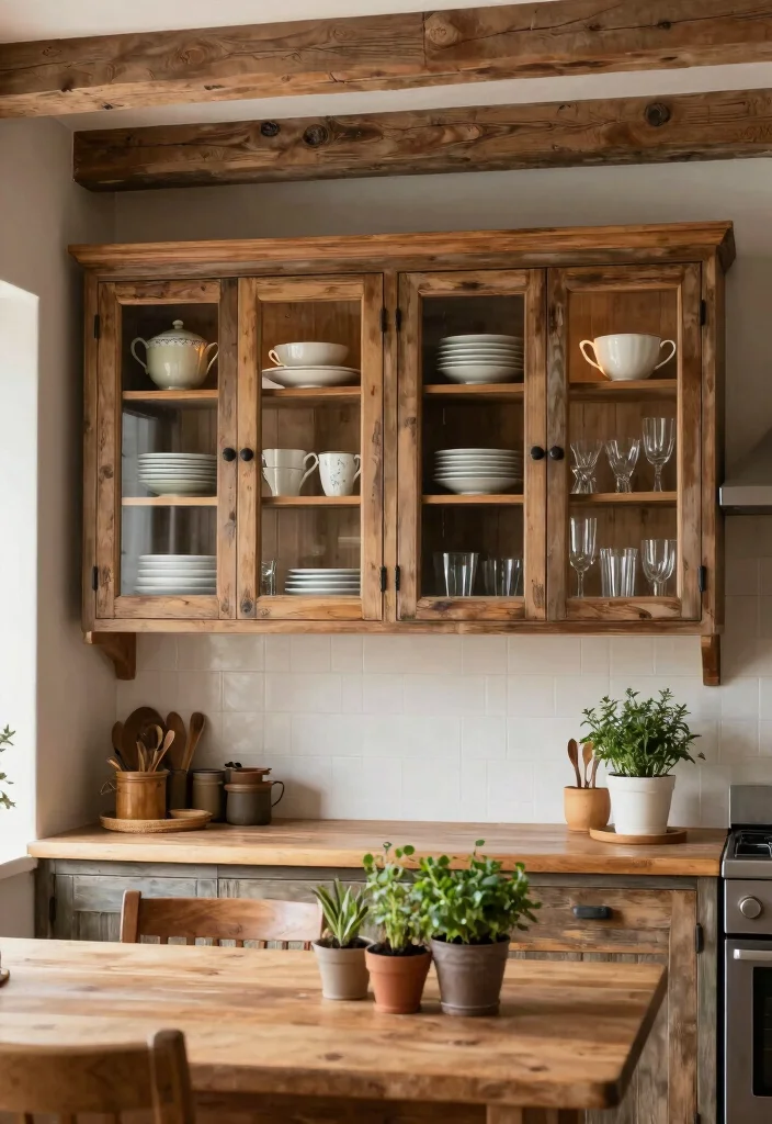 16 Kitchen Upper Cabinets Ideas That Maximize Height - 3. Rustic Charm with Glass Front Cabinets 1