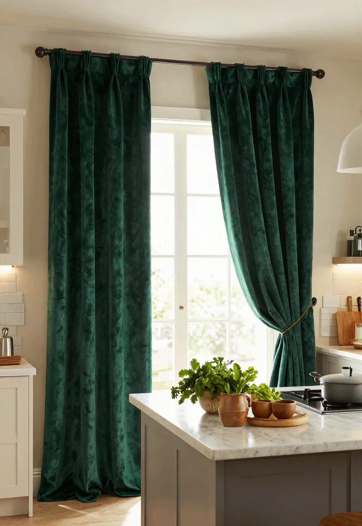 17 Curtain for Kitchen Window Ideas With Soft Touch - 10. Eco-Friendly Velvet Curtains 1