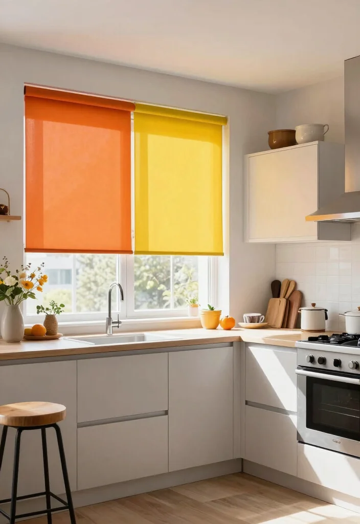 17 Curtain for Kitchen Window Ideas With Soft Touch - 16. Colorful Roller Shades 1