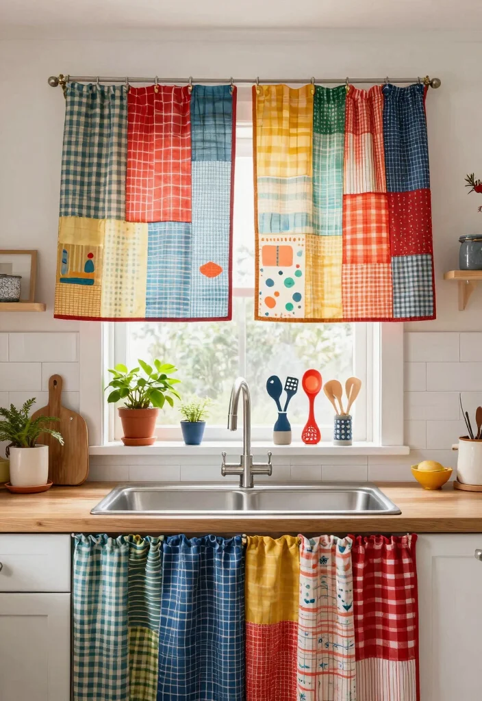 17 Curtain for Kitchen Window Ideas With Soft Touch - 5. Upcycled Fabric Curtains 1