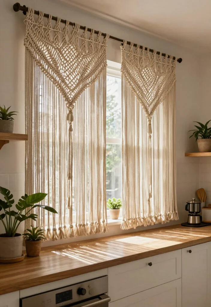 17 Curtain for Kitchen Window Ideas With Soft Touch - 6. Macrame Hanging Curtains 1