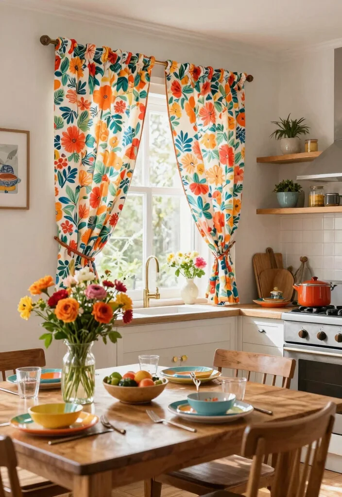 17 Curtain for Kitchen Window Ideas With Soft Touch - 7. Patterned Fabric Curtains 1