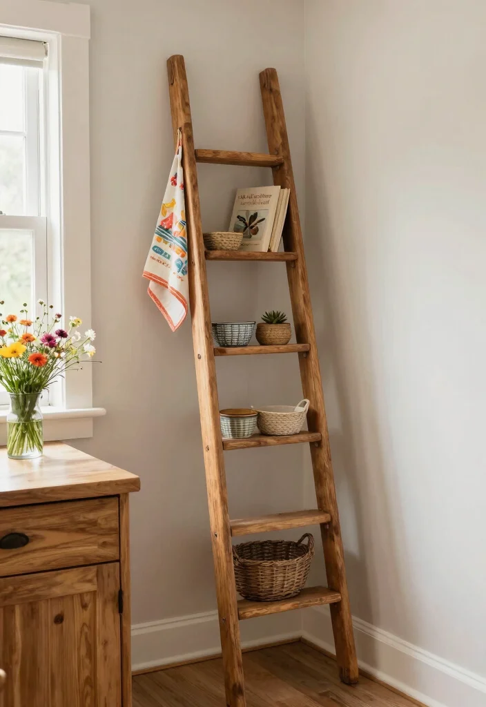 17 Kitchen Wall Storage Ideas That Save Space Smartly 4 17 Kitchen Wall Storage Ideas That Save Space Smartly - 4. Rustic Ladder for Stylish Storage 1