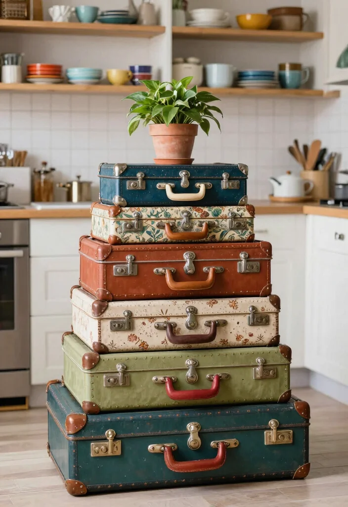 17 Kitchen Wall Storage Ideas That Save Space Smartly 8 17 Kitchen Wall Storage Ideas That Save Space Smartly - 8. Vintage Suitcases for Fun Storage 1