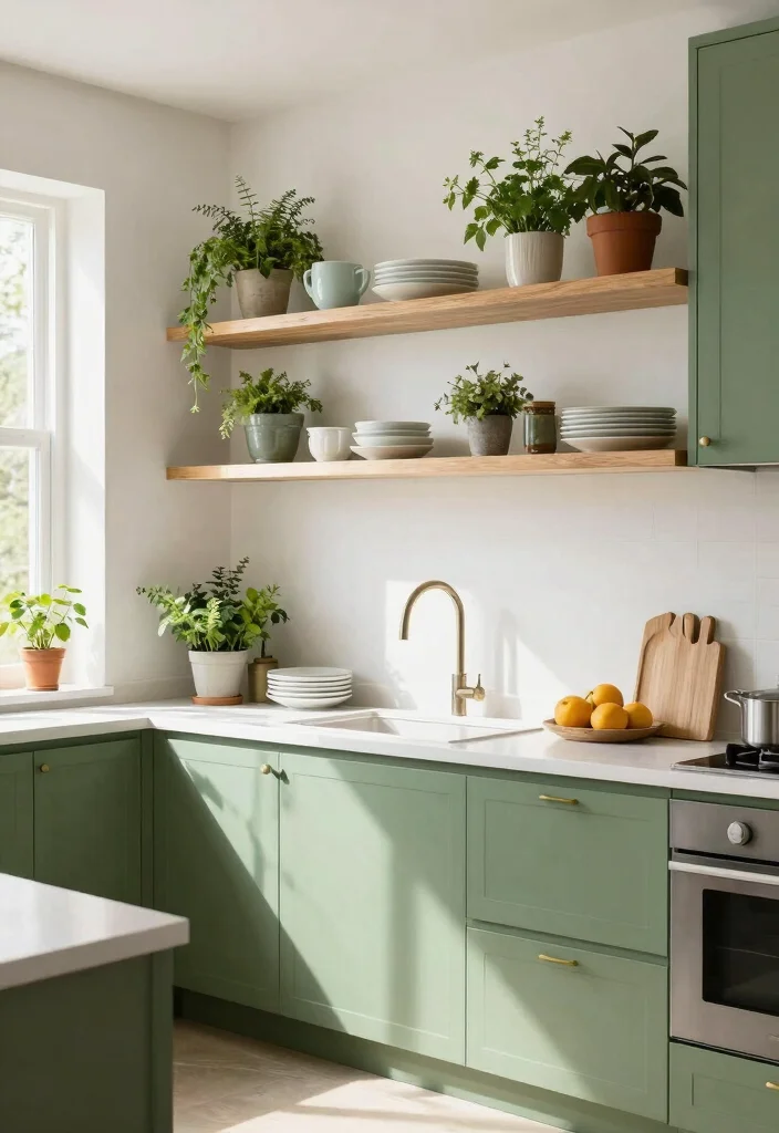 17 Kitchen With Green Cabinets Ideas That Feel On Trend - 17. Innovative Open Shelving with Green Cabinets 1