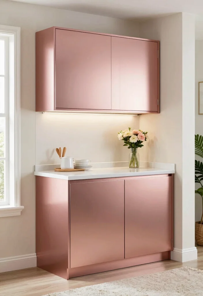 17 Rose Gold Kitchen Cabinets Ideas With Glam Shine - 1. Statement Piece for a Small Kitchen 1