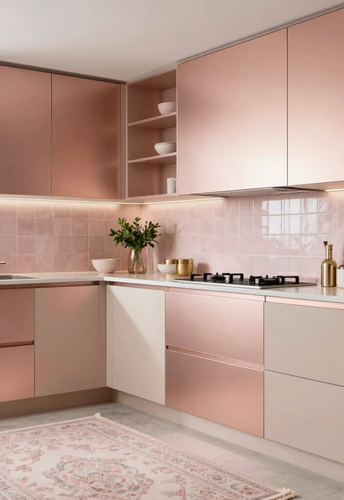 17 Rose Gold Kitchen Cabinets Ideas With Glam Shine - 11. Monochromatic Chic 1