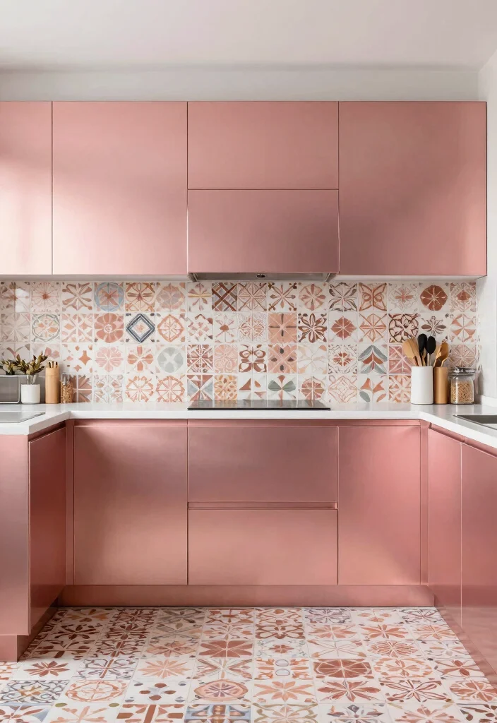 17 Rose Gold Kitchen Cabinets Ideas With Glam Shine - 14. Playful Patterns 1