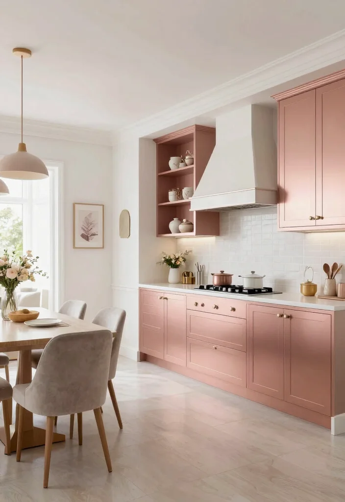 17 Rose Gold Kitchen Cabinets Ideas With Glam Shine - 5. Open Concept Elegance 1