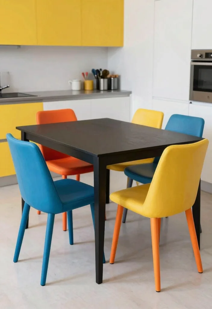 18 Black Kitchen Table Ideas With Bold Modern Style 13 18 Black Kitchen Table Ideas With Bold Modern Style - 13. Black Table with Colorful Chairs 1