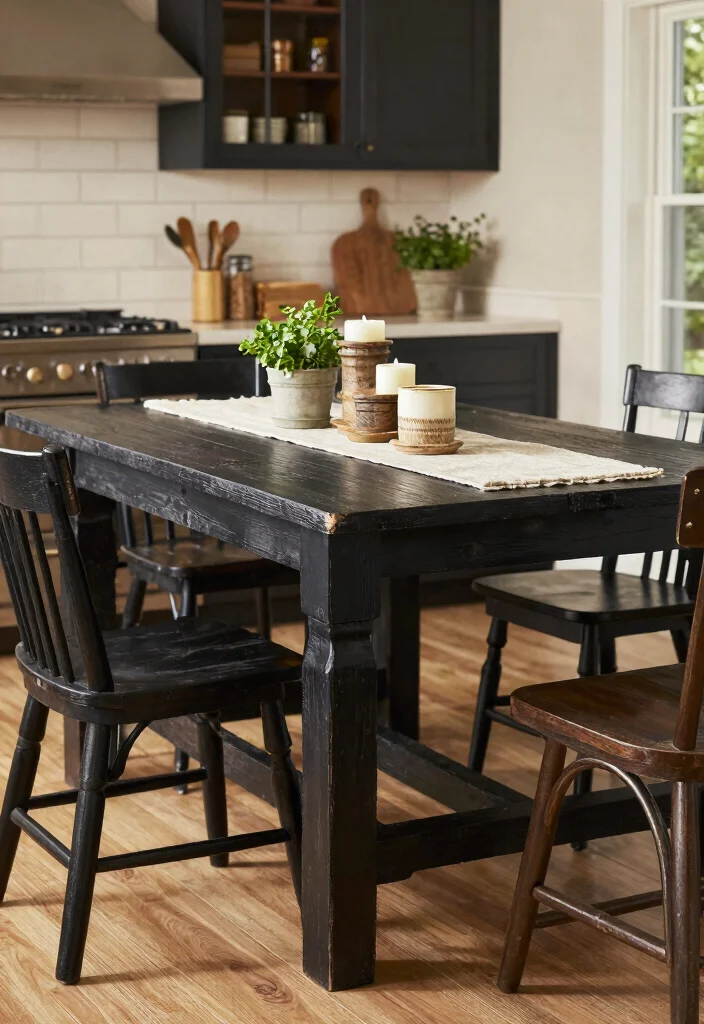 18 Black Kitchen Table Ideas With Bold Modern Style 4 18 Black Kitchen Table Ideas With Bold Modern Style - 4. Rustic Black Farmhouse Table 1
