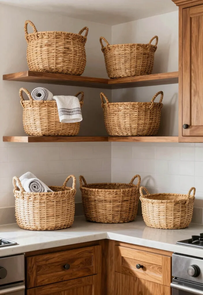 18 Kitchen Decor Above Cabinets Ideas That Look Styled - 4. Stylish Baskets 1
