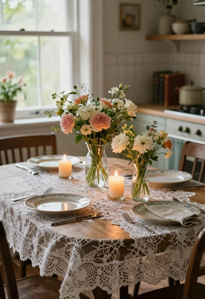 18 Kitchen Table Top Ideas That Refresh Your Dining Space - 3. Vintage Lace and Glass 1