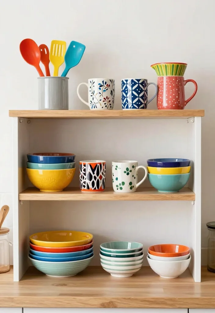 18 Open Kitchen Cabinet Ideas With Modern Display - 14. Colorful Kitchen Accessories 1