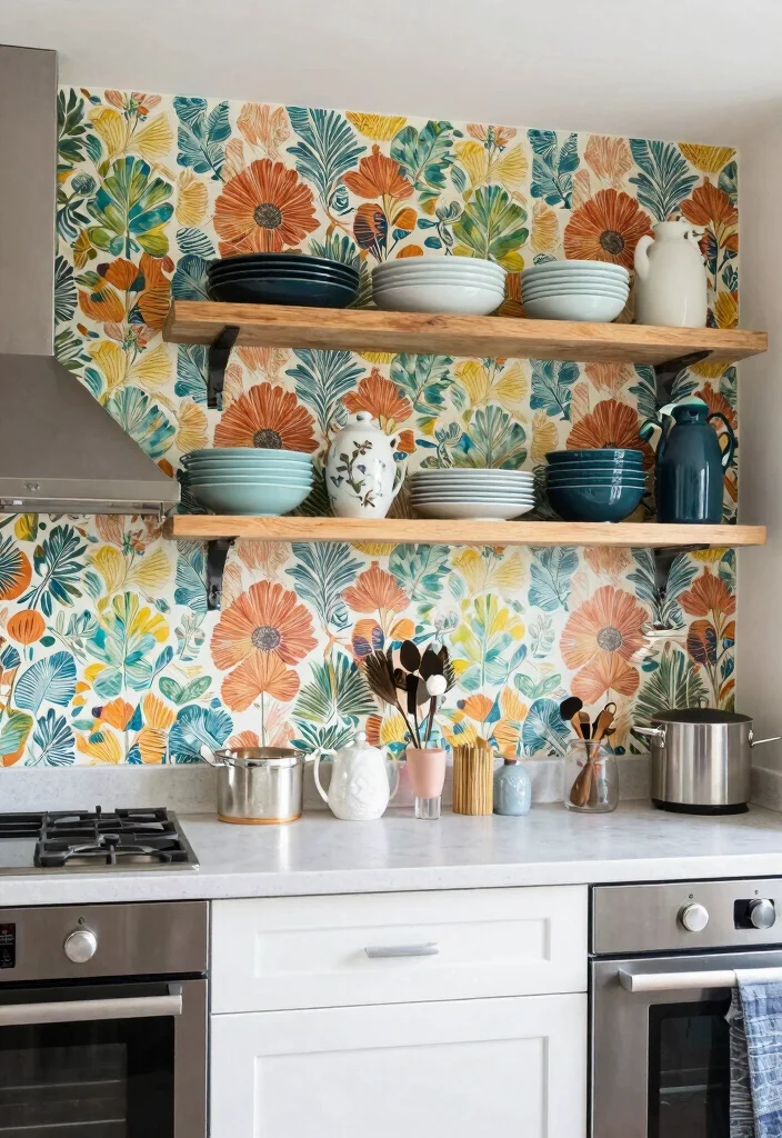 18 Open Kitchen Cabinet Ideas With Modern Display - 4. Open Shelving with Backdrops 1