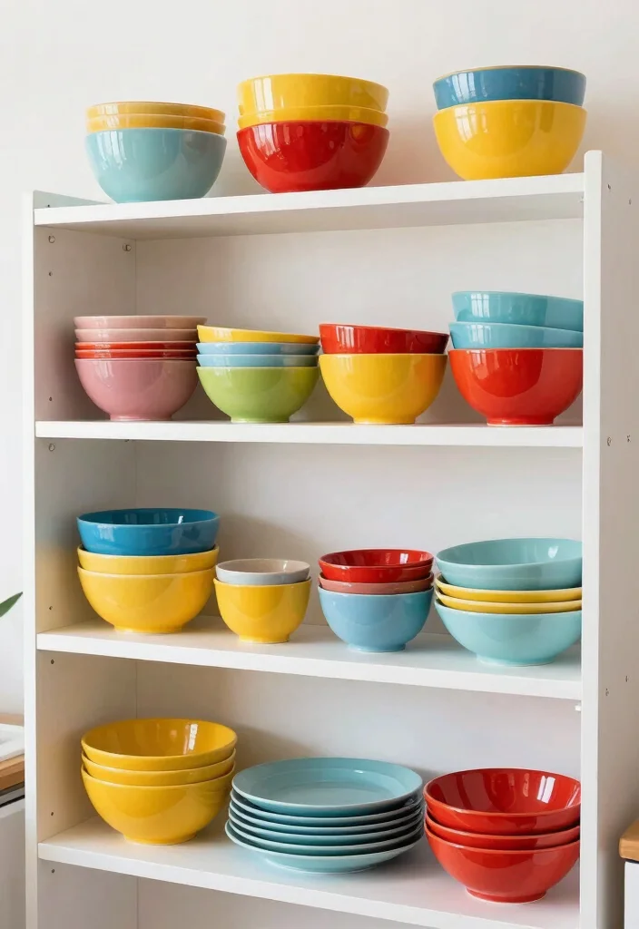 18 Open Kitchen Cabinet Ideas With Modern Display - 8. Colorful Dishware Display 1