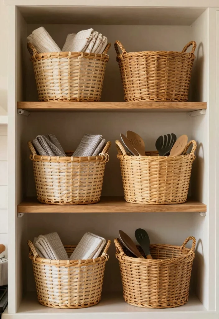 18 Open Kitchen Cabinet Ideas With Modern Display - 9. Use of Decorative Baskets 1