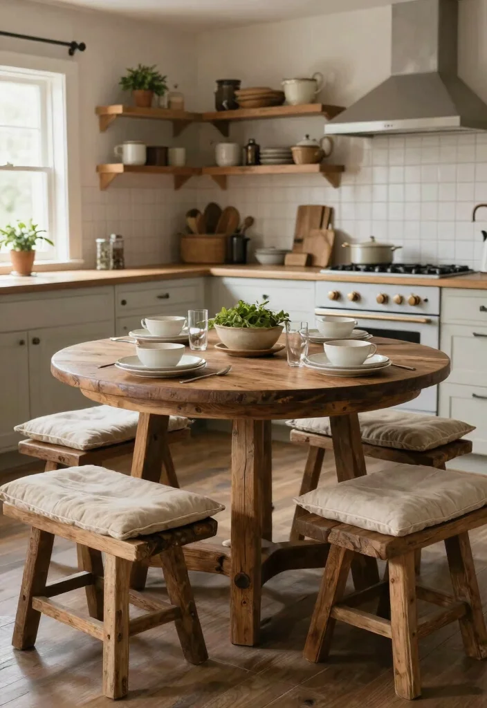18 Round Kitchen Tables Ideas With Cozy Charm - 17. Round Table with Farmhouse Bench Seating 1