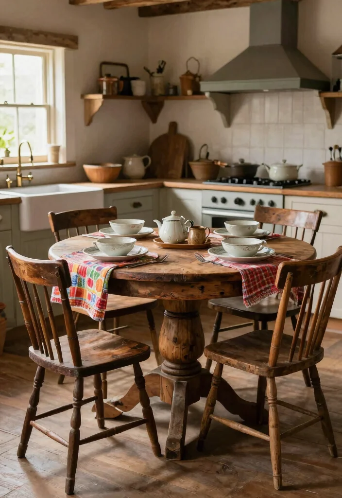18 Round Kitchen Tables Ideas With Cozy Charm - 5. Rustic Farmhouse with Vintage Touches 1