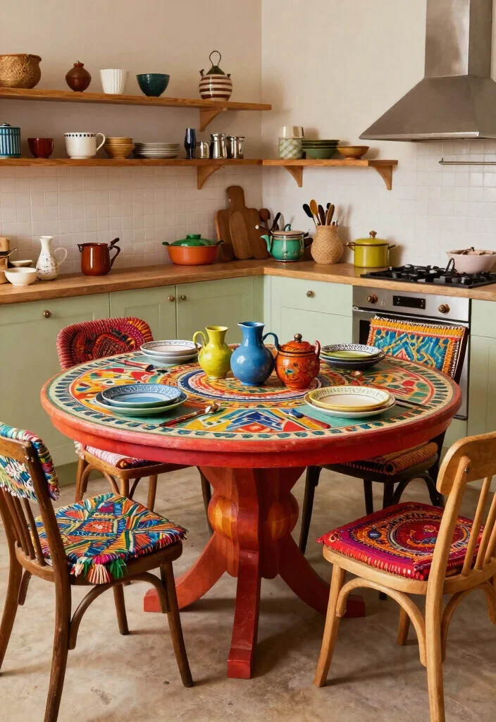 18 Round Kitchen Tables Ideas With Cozy Charm - 9. Colorful Bohemian Round Table 1