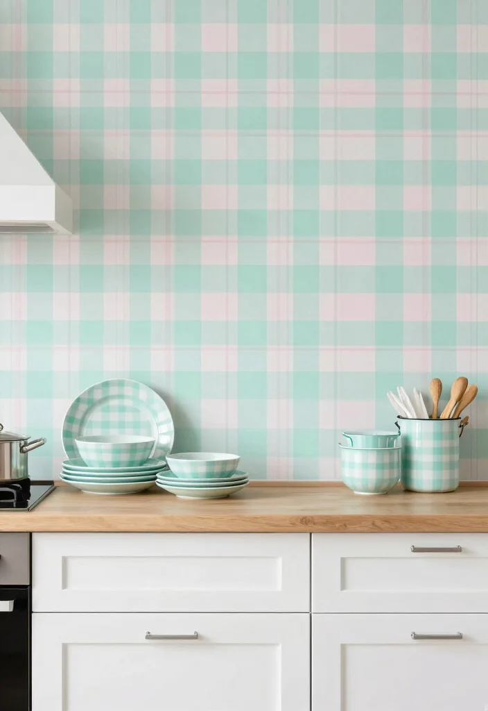 18 Wallpaper Kitchen Backsplash Ideas With Creative Flair 12 18 Wallpaper Kitchen Backsplash Ideas With Creative Flair - 12. Sweet Pastel Plaid 1