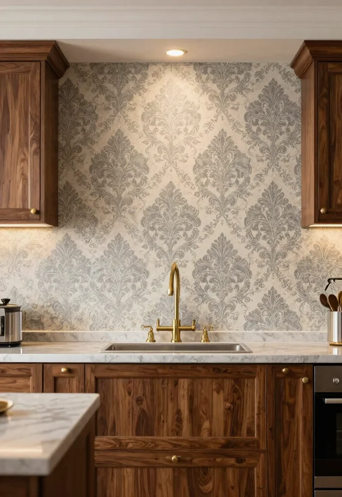 18 Wallpaper Kitchen Backsplash Ideas With Creative Flair 4 18 Wallpaper Kitchen Backsplash Ideas With Creative Flair - 4. Damask Elegance 1