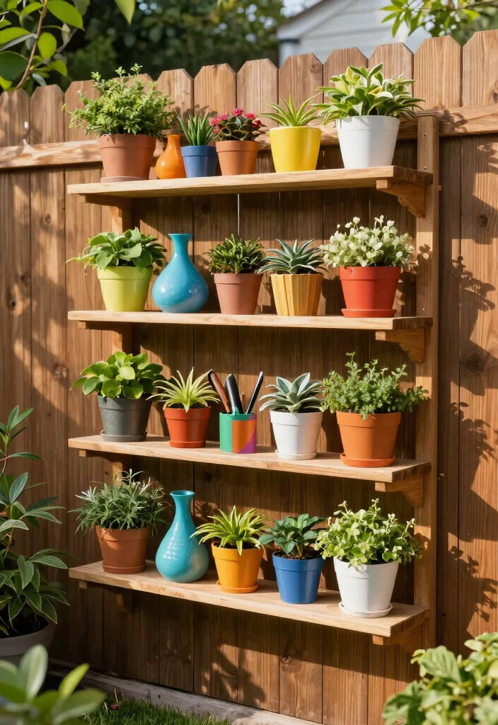 12 Backyard Fence Decor Ideas That Hide Eyesores and Weathered Wood - 11. Plant Shelves 1