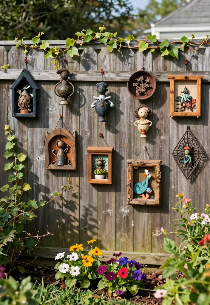12 Backyard Fence Decor Ideas That Hide Eyesores and Weathered Wood - 4. Hanging Art and Sculptures 1