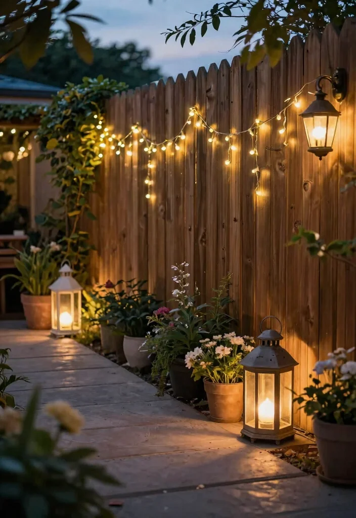 12 Backyard Fence Decor Ideas That Hide Eyesores and Weathered Wood - 8. String Lights and Lanterns 1