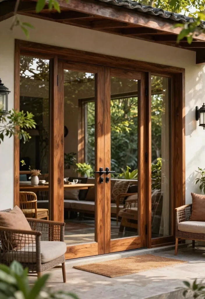 12 Glass Doors Patio Ideas That Let in Light Without Losing Privacy - 9. Glass Door with Wooden Accents 1