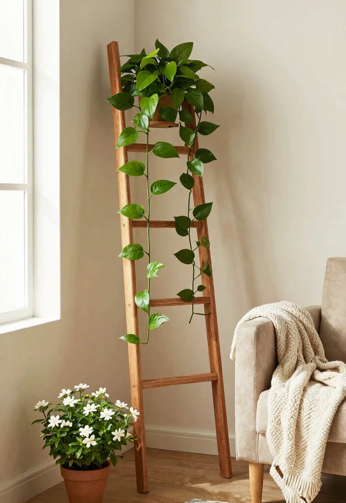 12 Indoor Trellis Ideas for Climbing Plants Without Wall Damage - 1. Ladder-Style Trellis 1