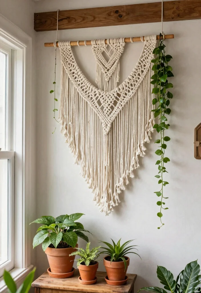 12 Indoor Trellis Ideas for Climbing Plants Without Wall Damage - 2. Hanging Macramé Trellis 1