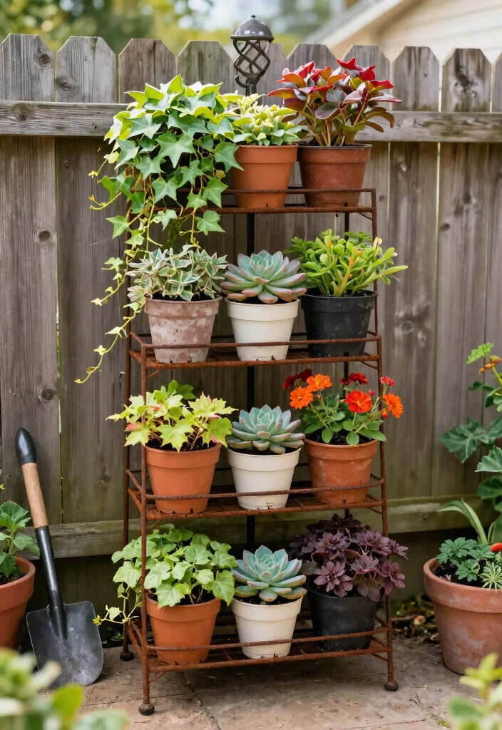 12 Outdoor Bakers Rack Ideas That Hold Plants Without Rusting - 1. Layered Vertical Gardens 1