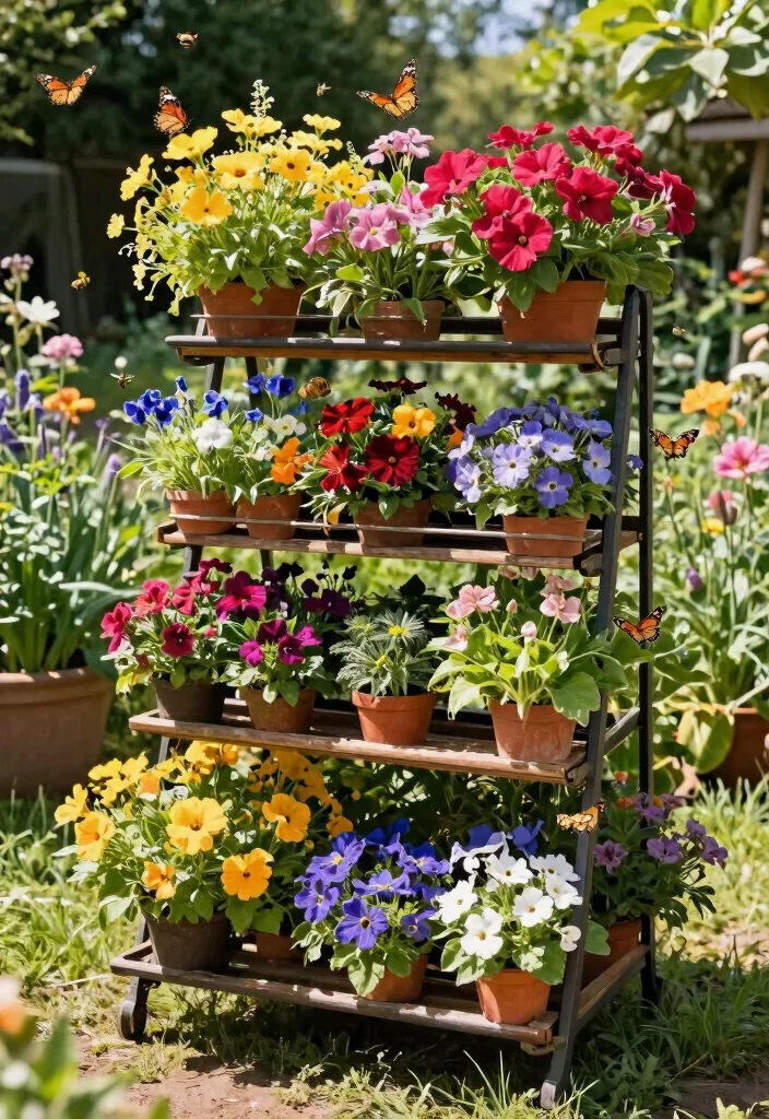 12 Outdoor Bakers Rack Ideas That Hold Plants Without Rusting - 7. Colorful Botanical Display 1