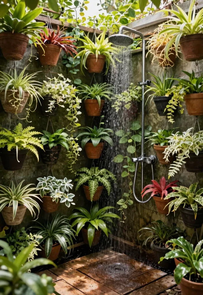 12 Outdoor Shower Enclosure Ideas for Privacy on a Budget - 12. Hanging Planters for Privacy 1