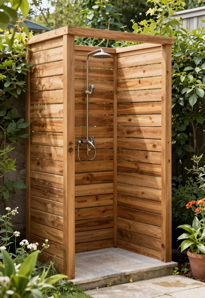 12 Outdoor Shower Enclosure Ideas for Privacy on a Budget - 8. DIY Wood Slat Enclosure 1