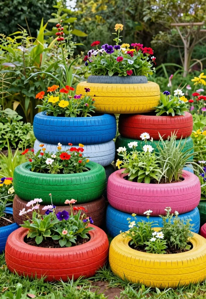 12 Unique Raised Garden Beds That Drain Perfectly and Look Different - 8. Upcycled Tire Planters 1