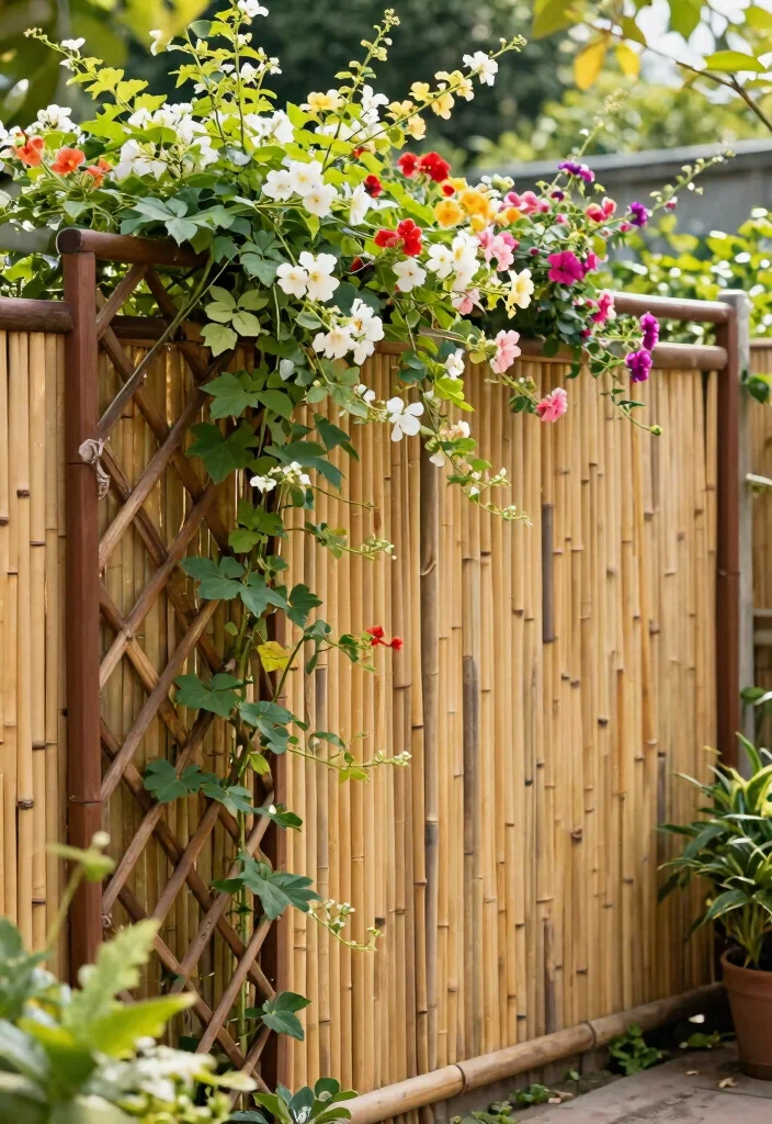 14 Bamboo Trellis Concepts That Support Heavy Vines Without Bending - 13. Bamboo Fence and Trellis Combo 1